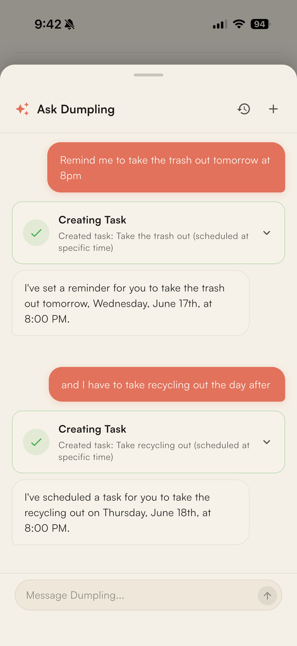 Dumpling AI assistant creating tasks and reminders from a conversation