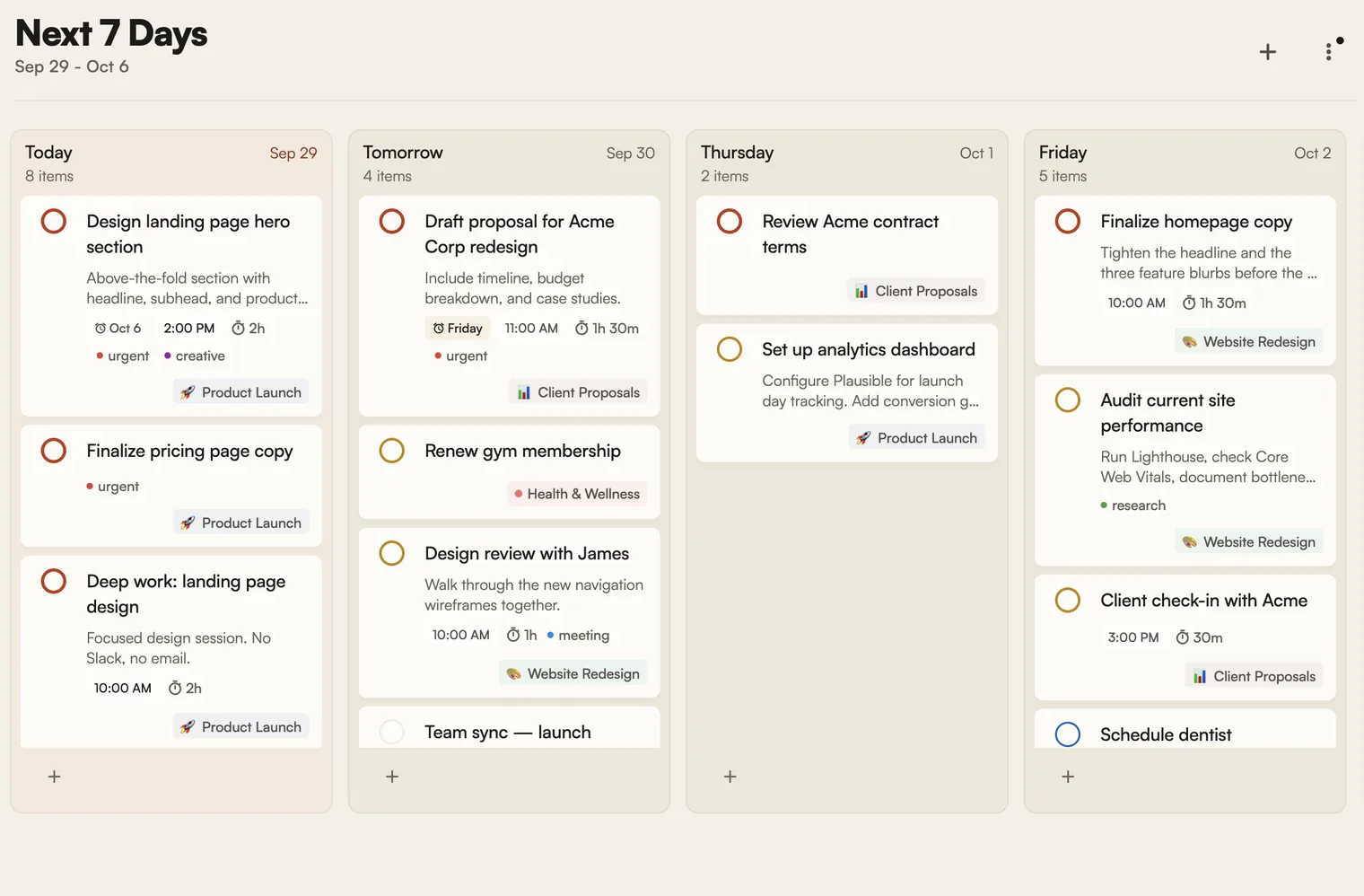 Next 7 Days as a board, one column per day, each task filed under its project