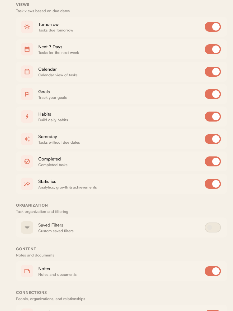 Dumpling settings to toggle which views and features appear