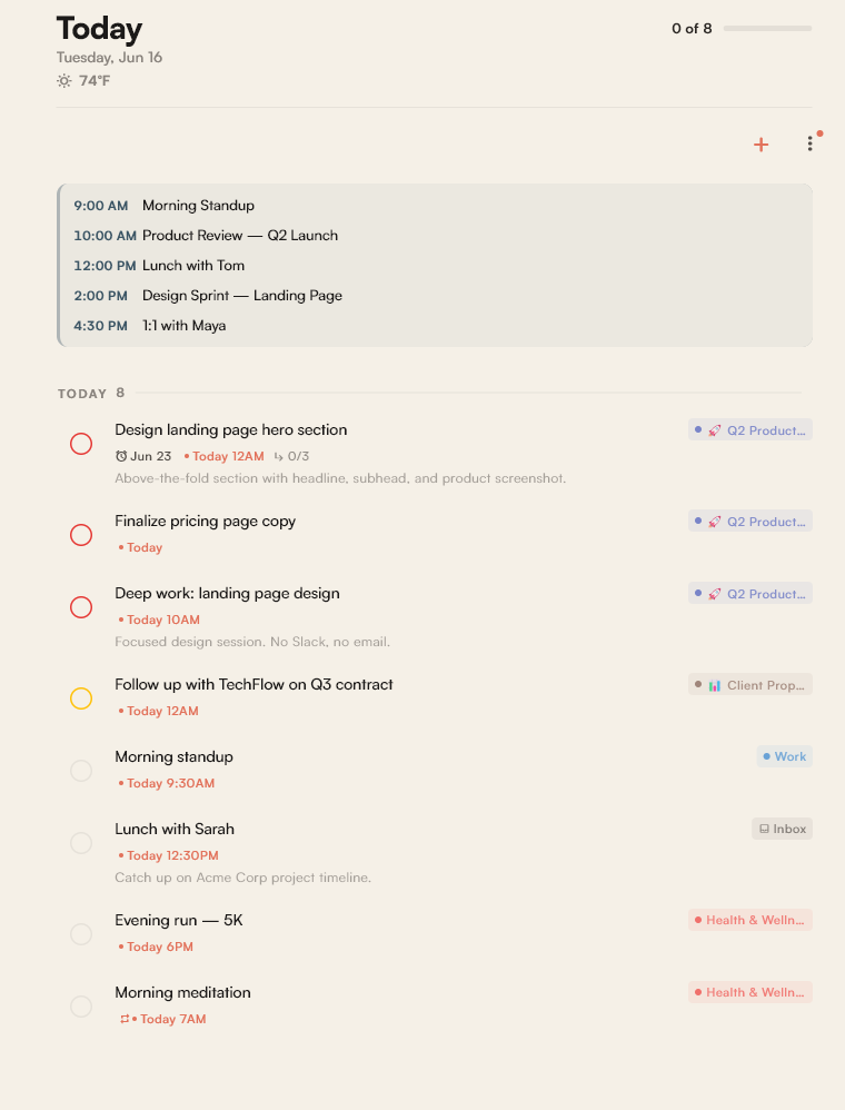 Dumpling app — Today view with tasks, schedule, and auto-connections